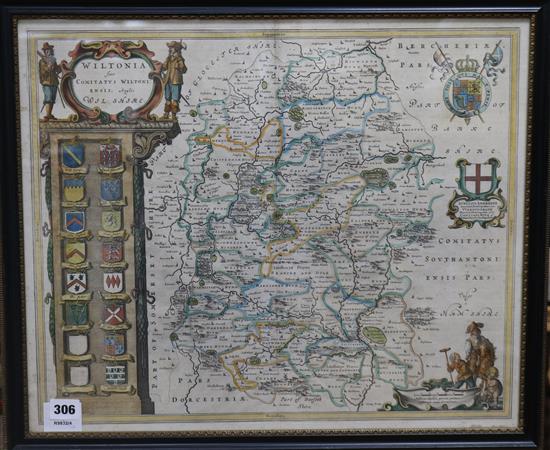 After Willem Janszoon Blaeu (1571-1638). A coloured engraved map Wiltonia Sive Camitatus Wiltoniensis Anglis,